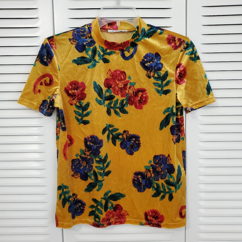 Zara yellow floral velvet top